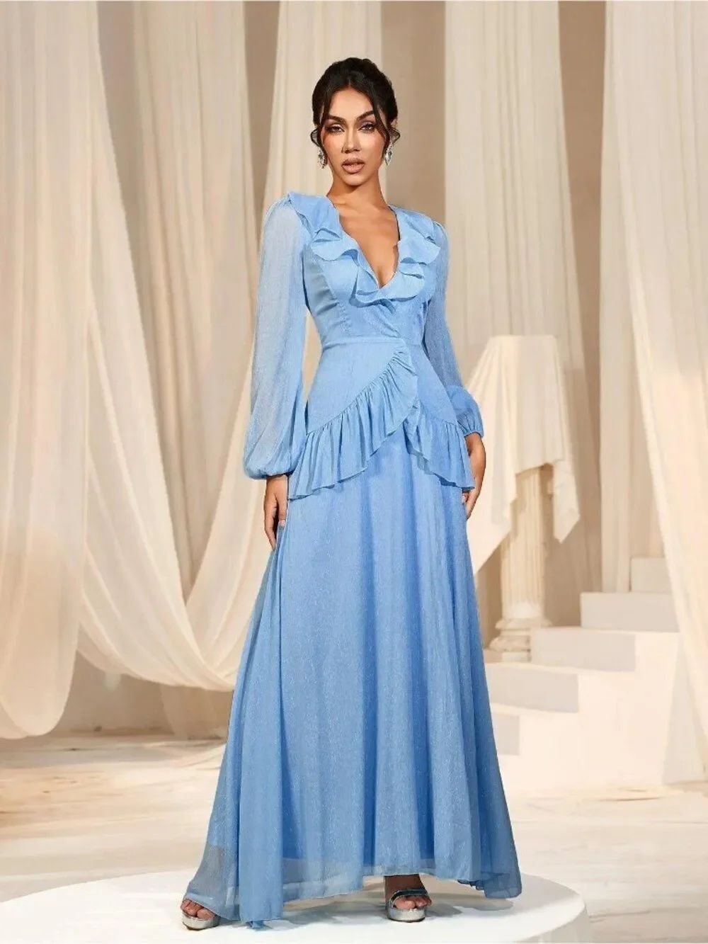 Faeriesty Women’s Blue Ruffle Trim Lantern Long Sleeve Chiffon Dress Size XS